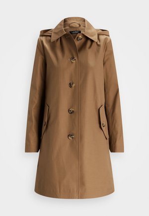 Brun trenchcoat i slätt tyg, med en krage med notcher, sex knappar och två sidofickor. Enkel, strömlinjeformad design.