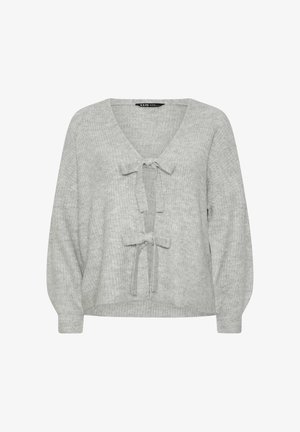 Hellegrauer Pullover mit V-Ausschnitt, Bindedetail in der Mitte und Ballonärmeln. Die Strickstruktur verleiht ein kuscheliges Gefühl.