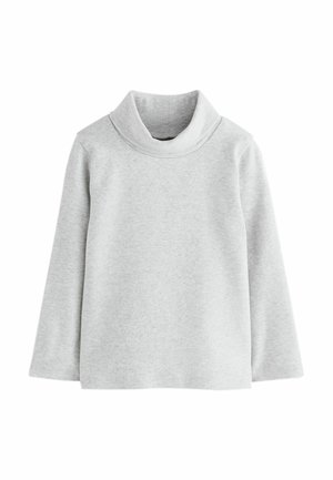 Hellgrauer Rollkragenpullover aus weichem Stoff, mit langen Ärmeln und einem lässigen Schnitt sowie einem umgeschlagenen Kragen. Einfaches und minimalistisches Design.