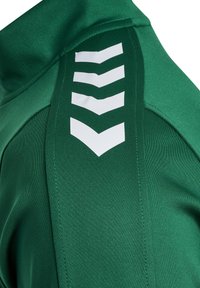 Grön sportjacka med hög krage, slät textur och vita sicksackmönster längs axeln för extra detalj.