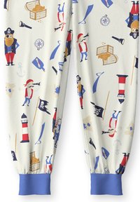 Cotton pajama pants with a whimsical pirate print, featuring blue ribbed cuffs and a light cream background with colorful nautical motifs.