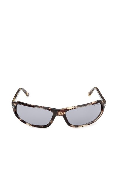 Rectangular tortoiseshell frame sunglasses with dark tinted lenses and "Tom Ford" branding on the top corner of the right lens.