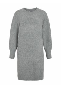 Abito in maglia grigia in misto lana con scollatura rotonda, maniche lunghe a palloncino, polsini e fondo a costine. Tessuto morbido con una vestibilità comoda.