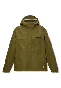 Olivinvihreä vedenpitävä takki hupulla, etuvetoketjulla, kahdella rintataskulla ja Timberland-logolla vasemmalla puolella. Kevyt materiaali, jolla on sileä rakenne.