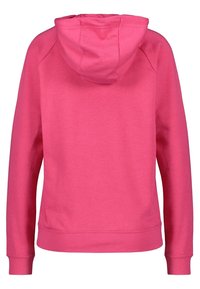 Różowa bluza z kapturem z teksturowanej tkaniny, z kieszenią kangurką oraz ściągaczami na rękawach i u dołu.