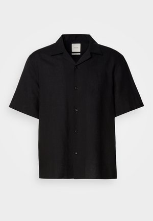 Black short-sleeve shirt made of linen fabric, featuring a button front, pointed collar, and smooth texture. No prominent patterns or accents.