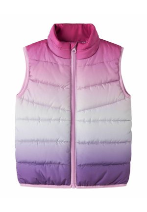 Veste matelassée sans manches avec fermeture éclair à l'avant, présentant un dégradé de couleur du rose en haut au violet en bas.