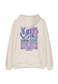 Felpa color crema con un dettagliato motivo grafico in tonalità di blu e rosa, che raffigura fiori, lanterne e il Monte Fuji.