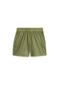 Olive green shorts with an elastic waistband, two side pockets, and one cargo pocket. Made from lightweight, breathable fabric.
