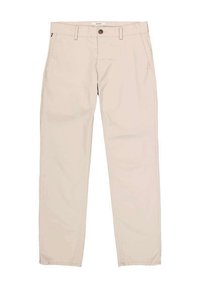 Beige katoenen broeken met een knoopsluiting, zijzakken en een recht gesneden ontwerp. Glad textuur en eenvoudige afwerking met minimale accenten.