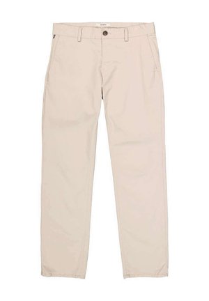 Beige cotton trousers featuring a button closure, front pockets, and a straight leg design. Smooth texture and simple finish with minimal accents.