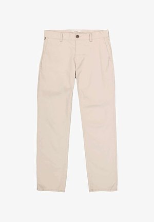 Beige cotton trousers featuring a button closure, front pockets, and a straight leg design. Smooth texture and simple finish with minimal accents.