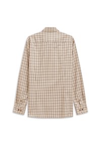 Camicia beige a maniche lunghe con motivo a quadri blu, polsini abbottonati e taglio dritto. Il materiale sembra liscio con una leggera lucentezza.