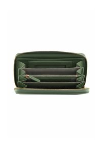 Portefeuille en cuir vert avec fermeture éclair dorée, comportant plusieurs emplacements pour cartes, une poche zippée et une surface texturée. Intérieur en gris clair.