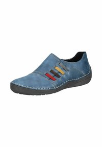 Chaussure bleue en cuir à enfiler avec semelle texturée, comportant des bandes élastiques rouge, jaune, gris et marron pour un contraste de design.
