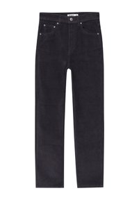 Pantalon en velours côtelé noir avec une coupe droite, doté d'une fermeture à bouton et de cinq poches, avec un léger relief sur l'ensemble du tissu.