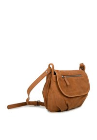 Tan leather crossbody bag with a slouchy design, a flap closure, and a front zipper pocket. Features an adjustable strap and smooth texture.
