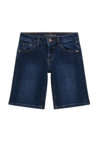 Pantaloni corti in denim blu scuro con taglio classico, dotati di cinque tasche, chiusura frontale con bottone e dettagli di cucitura arancioni.