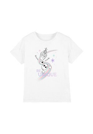 White cotton t-shirt featuring a graphic of a cartoon character with arms raised, surrounded by colorful stars and the text "BE UNIQUE."