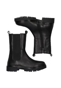 Zwarte lederen enkelboots met elastische panelen, ritssluiting en een robuuste zool. Gladde textuur en rond gesneden ontwerp.