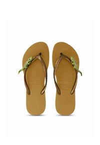Brown flip-flops with textured soles and green lizard accents on metallic straps. Lightweight design suitable for casual wear.