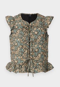 Top de estampado floral en marrón, con flores azules y crema, mangas cortas con volantes, un delantero con cordón ajustable y un dobladillo acampanado.