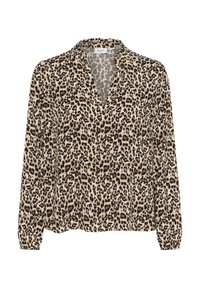 Blouse à manches longues imprimée léopard avec décolleté en V, en tissu léger et avec des poignets froncés. Présente des taches léopard brun clair et brun foncé sur fond crème.