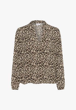Leopard print long-sleeve blouse with a v-neckline, lightweight fabric, and gathered cuffs. Features tan and dark brown leopard spots on cream.