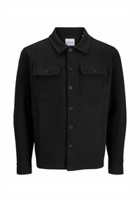Zwarte overhemdd blouse van gestructureerde stof, met een puntkraag, twee borstzakken en knoopsluiting in het midden.