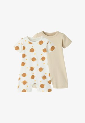 Du vien trumpomis rankovėmis kūdikių bodžai, vienas smėlio spalvos, kitas baltas su oranžiniais planetų ir žvaigždžių raštais, abu su spaudėmis užsegimais prie kojų.