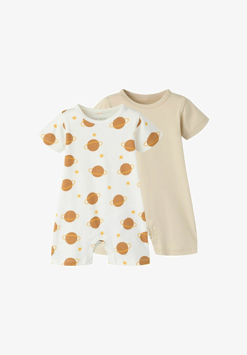 Deux grenouillères bébé à manches courtes, une beige et une blanche avec des motifs d'étoiles et de planètes orange, toutes deux avec des boutons-pression aux jambes.
