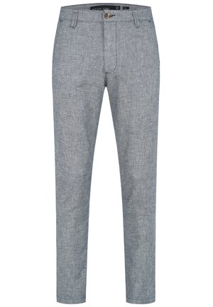 Pantaloni grigi chiari realizzati in tessuto intrecciato con una texture melangiata. Presentano una chiusura con bottone e un design a gamba dritta.
