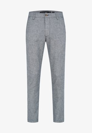 Pantalons gris clair en tissu tissé avec une texture chinée. Présentent une fermeture à bouton et une coupe droite.
