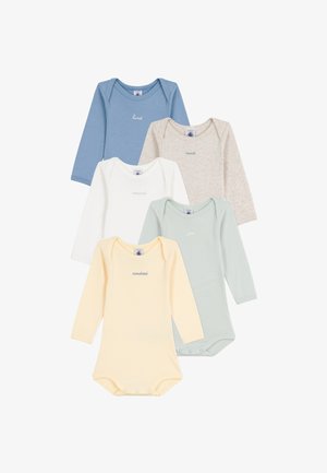 Cinco bodies de bebé de manga longa nas cores azul, branco, creme, verde menta e amarelo, com nomes dos dias bordados e fechos de pressão.