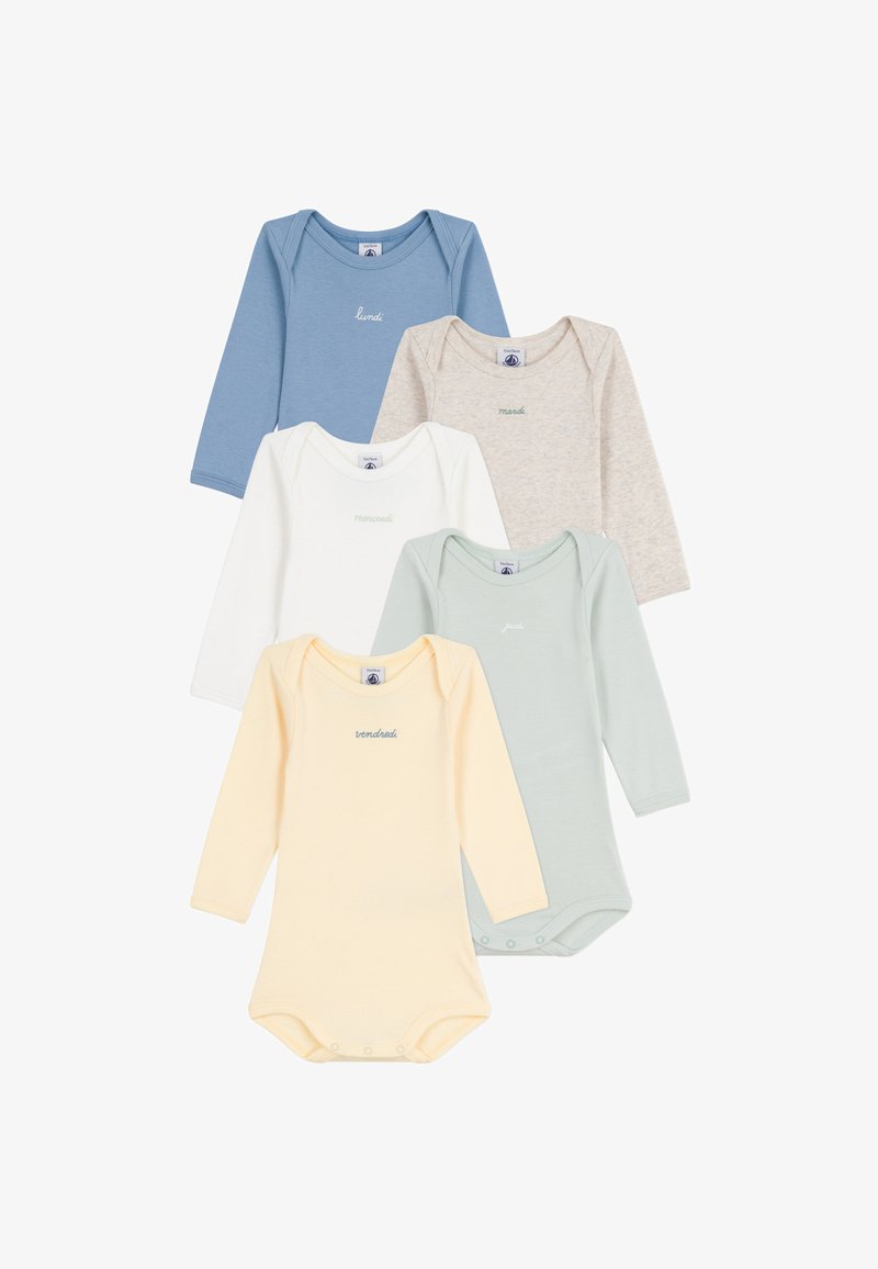 Fünf Langarm-Babysnaps in Blau, Weiß, Creme, Mintgrün und Gelb, mit aufgestickten Wochentagsnamen und Druckknöpfen.