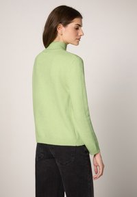 Vaaleanvihreä neule, jossa on resorikaulus ja -helma, sileä pinta ja pitkät hihat, yhdistetty tummiin farkkuihin.