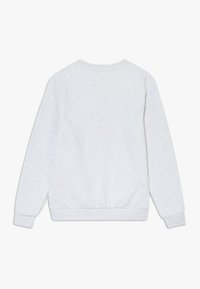 Ein einfarbiger, hellgrauer Langarm-Sweatshirt mit gerippten Bündchen und Saum, von hinten auf einem weißen Hintergrund gezeigt.