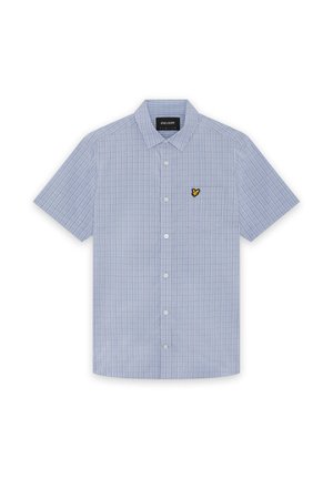 Chemise à manches courtes à carreaux bleu clair et violet, boutonnée, avec col et petit logo jaune et noir sur la poche poitrine.