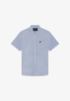 Chemise à manches courtes à carreaux bleu clair et violet, boutonnée, avec col et petit logo jaune et noir sur la poche poitrine.
