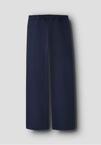 Marineblauwe wijde broek met elastische tailleband, eenvoudig ontwerp, weergegeven tegen een effen lichtgrijze achtergrond.