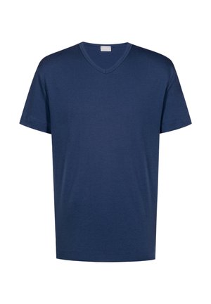 Granatowa koszulka z krótkim rękawem w kształcie V z prostym, jednolitym wzorem, bez widocznych wzorów czy logo.
