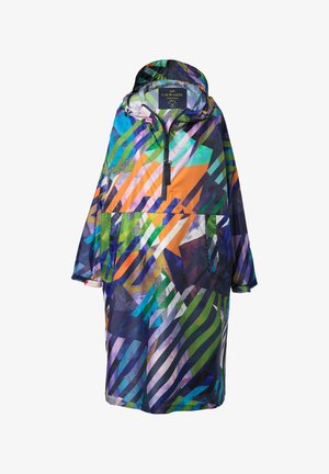 Kleurrijke lichtgewicht anorak regenjas met abstracte patronen in blauw, groen, oranje en paars. Bevat een capuchon en een voorvak.