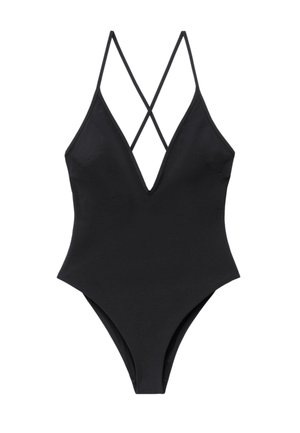 Costume intero nero con scollatura a V profonda e sottili spalline incrociate sulla schiena, design aerodinamico e aperture delle gambe alte.