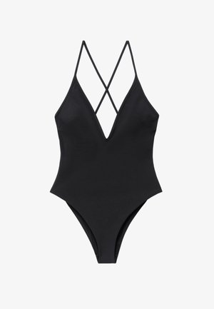 Czarny jednoczęściowy strój kąpielowy z głębokim dekoltem w kształcie litery V i cienkimi, krzyżującymi się na plecach ramiączkami, o opływowym kroju i wysokim wycięciu nogawek.