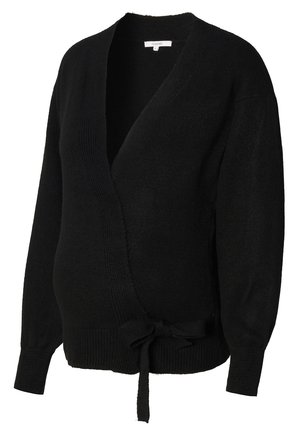 Cardigan noir en tricot doux, avec un décolleté en V profond, des manches longues et un lien à la taille pour un ajustement réglable.