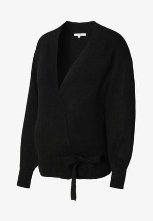 Zwarte wikkelcardigan van zachte gebreide stof, met een diepe V-hals, lange mouwen en een strikdetail bij de taille voor een verstelbare pasvorm.