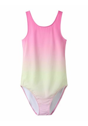 Maillot de bain une pièce pour filles avec larges bretelles, présentant un dégradé de couleurs allant du rose au vert clair.