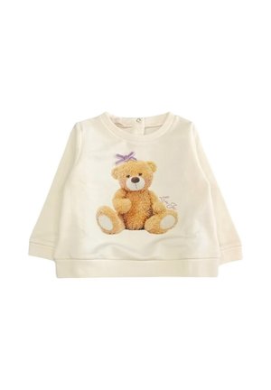 Felpa color crema con grafiche di un teddy bear peluche, con pelliccia marrone e un fiocco viola, scollatura rotonda e maniche lunghe.