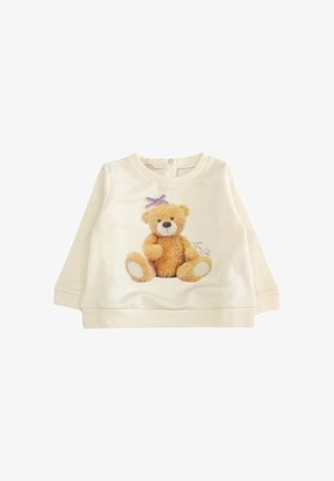 Felpa color crema con grafiche di un teddy bear peluche, con pelliccia marrone e un fiocco viola, scollatura rotonda e maniche lunghe.