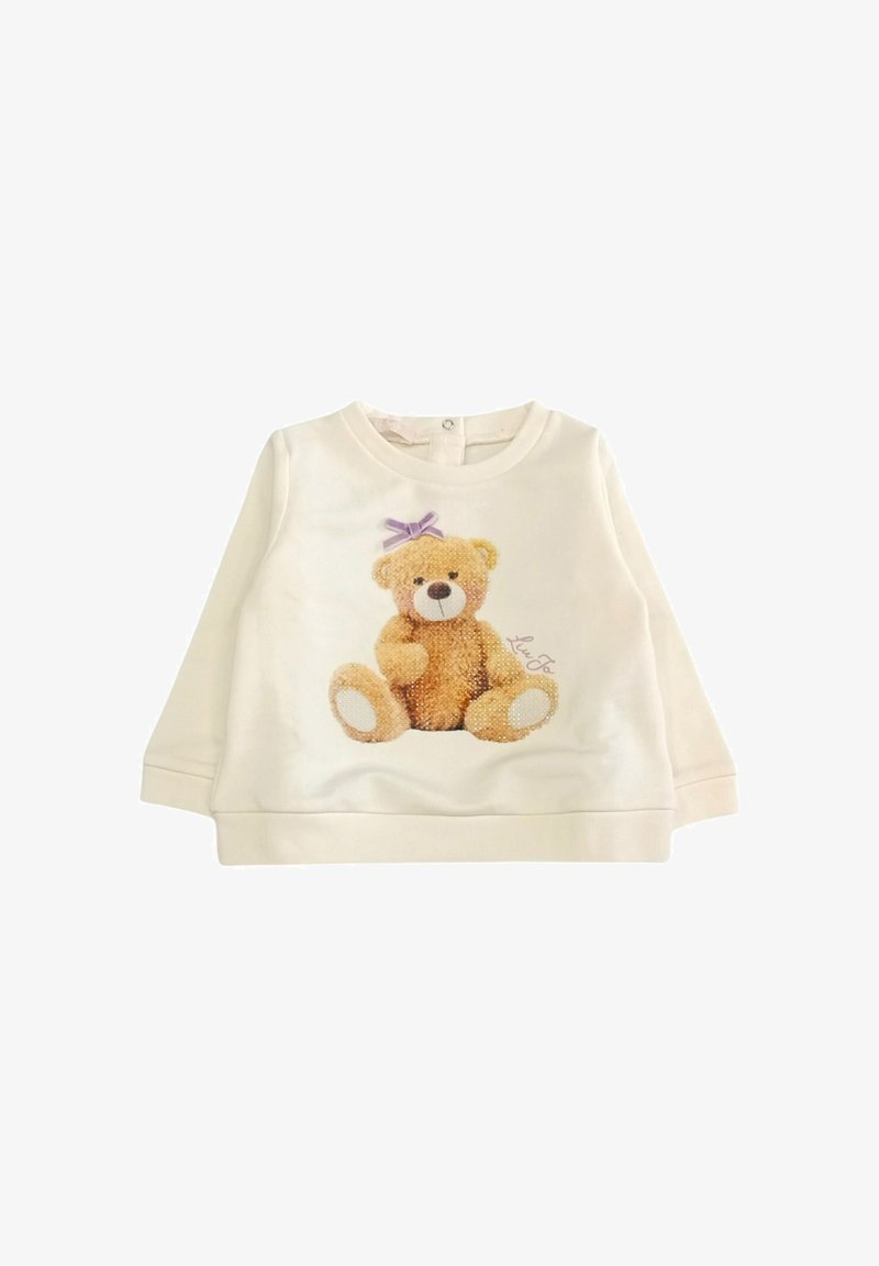 Felpa color crema con grafiche di un teddy bear peluche, con pelliccia marrone e un fiocco viola, scollatura rotonda e maniche lunghe.